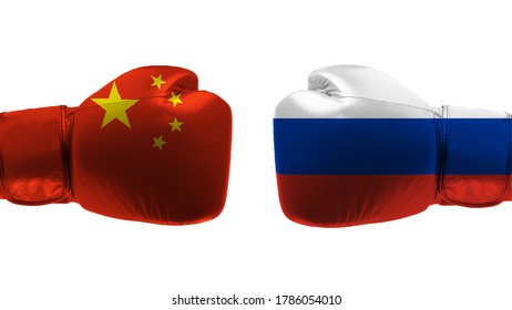 Concept Of The Conflict Between The Peoples Republic Of China And Russia With Two Boxing Glove. 3d Rendering