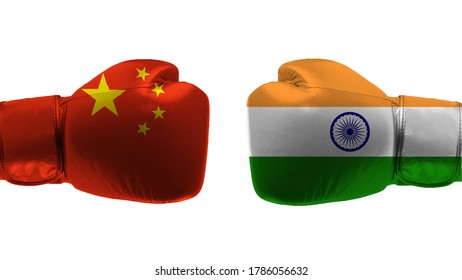 Concept Of The Conflict Between The Peoples Republic Of China And India With Two Boxing Glove. 3d Rendering