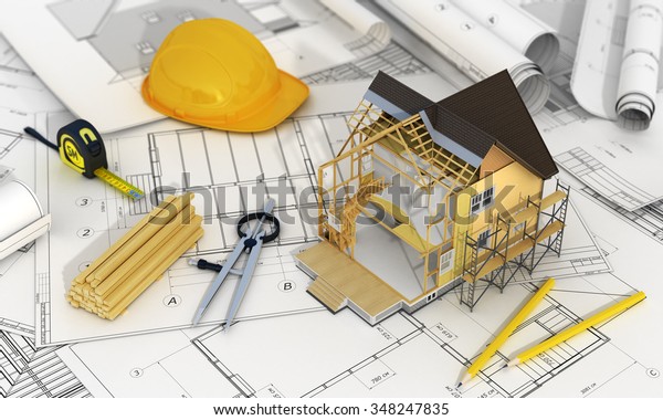 建築と建築デザインのコンセプト ぼかした設計図の上に 木 計算機 鉛筆を使用して 建築プロセスでの3dの家 のレンダリング 屋根のフレームと断熱層の構成エレメントが見えます のイラスト素材