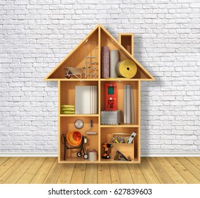 Concept Of The Construction. Building Materials And Tools In The Dollhouse In Front Of A White Brick Wall. 3D Illustration