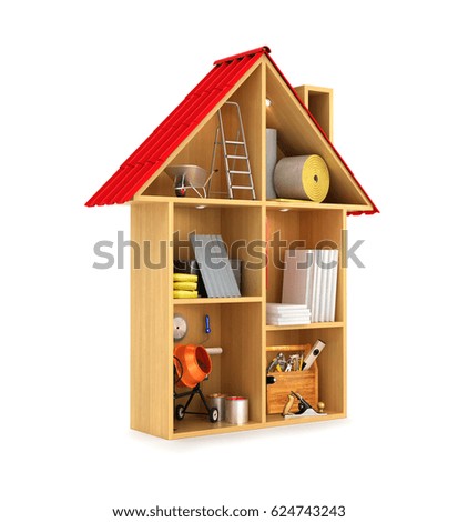 concept of the construction. Building materials and tools in a Doll house. 3D illustration