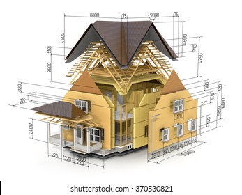 Concept of construction. We see constituents of roof frame and insulation layer with dimensions.