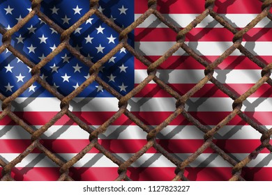 The Concept Of The Country's Immigration Policy Towards Migrants, Tourism Metal Wire Is Intertwined In A Steel Grid Against The Background Of The Flag Of The United States Of America. USA.