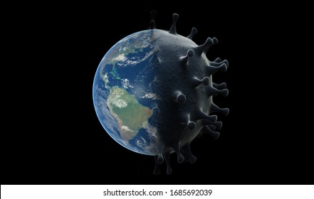 Concept Of Covid-19 Virus Pandemic Outbreak. 3D Render Of Covid Virus And World Planet On Black Background. Coronavirus Divided In Half With Planet Earth. Pandemic Dominating The World.