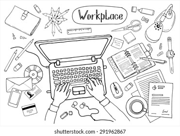 Concept Of Creative Hand Drawn Office Workspace. Items And Elements, Office Things, Objects And Equipment For Workplace Design. Sketch Set Of Business Elements Top View. 