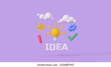 Concept of creative thinking and innovation idea with lightbulb. Minimal cartoon style 3D render illustration