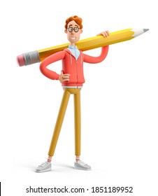 Konzept der Kreativität, kreatives Denken, innovative Idee, Innovation, Inspiration für Künstler, Schöpfer.  Nerd Larry hält einen großen Bleistift. 3D-Abbildung.