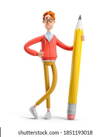 Concept of creativity, creative thinking, innovative idea, innovation, inspiration for artist, creator.  Nerd Larry holding big pencil. 3d illustration.