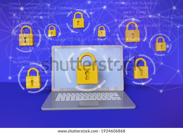 Concept cybersecurity and data\
protection. Digital network protection. Trendy 3d\
illustration.