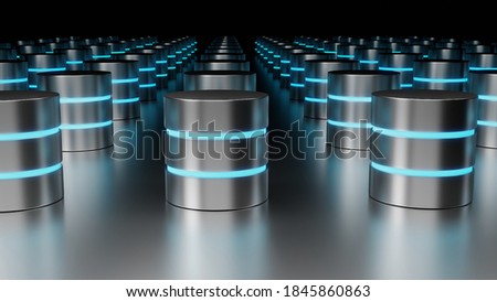 Concept data center 3D render on dark background. Disc cylinders with blue backlight.
