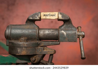 Concept of dealing with problem. Vice grip tool squeezing a plank with the word impertinent