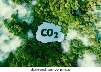 Concept depicting the issue of carbon dioxide emissions and its impact on nature in the form of a pond in the shape of a co2 symbol located in a lush forest. 3d rendering. - Powered by Shutterstock