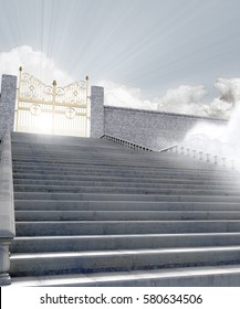 A concept depicting the majestic pearly gates of heaven surrounded by clouds and the staircase leading up to them - 3D render