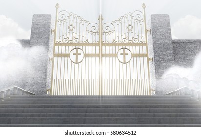 A concept depicting the majestic pearly gates of heaven surrounded by clouds and the staircase leading up to them - 3D render