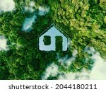 Concept depicting new possibilities for the development of sustainable construction technologies and green living the form of a house-shaped pond located in a lush forest. 3d rendering.