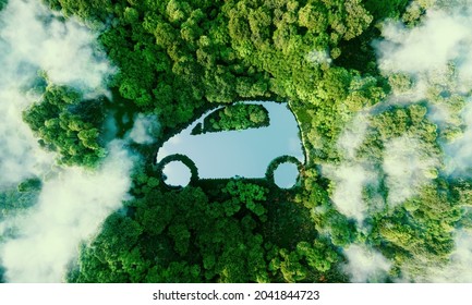 Concept depicting new possibilities for the development electric   hybrid cars   the issue ecological travel in the form car  shaped pond located in lush forest  3d rendering 