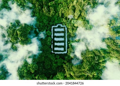 Concept Depicting New Possibilities For The Development Of Ecological Battery Technologies And Green Energy Storage In The Form Of A Battery-shaped Pond Located In A Lush Forest. 3d Rendering.