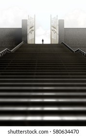 A concept depicting a person standing at the top of a staircase towards the open gates leading to heaven  - 3D render