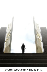A concept depicting a person standing at the top of a staircase towards the open gates leading to heaven  - 3D render