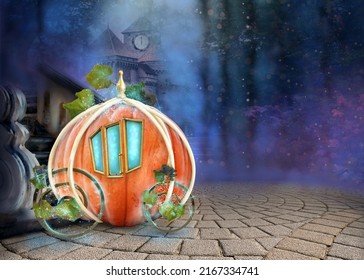 Concept design inspired by the fairytale of Cinderella. Magical pumpkin carriage, castle and a clock striking midnight. Soft feeling with a blur, 3D illustration, 3D rendering effect 