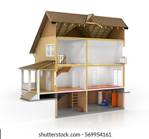 Concept Of Design. Sliced House With Isolated Layers Of Heating On The White Background. 3d Illustration