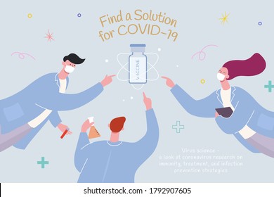 Concept of developing coronavirus vaccine, with research team trying to reach the vaccine bottle, illustration in flat design - Powered by Shutterstock