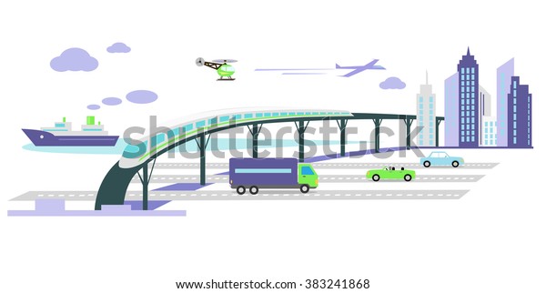 Concept of development of transport\
infrastructure icon flat. Car future growing, vehicle popularity,\
traffic automobile, aircraft and ship, autobahn and train,\
helicopter and road\
illustration