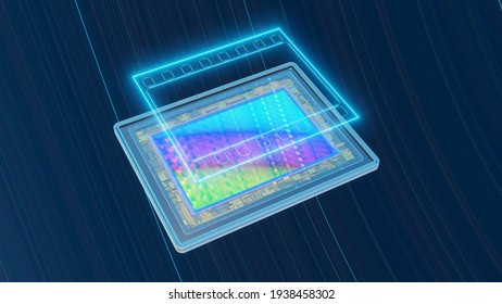 Concept of digital photography: full-frame sensor for digital camera with neon film contours, 3D rendering