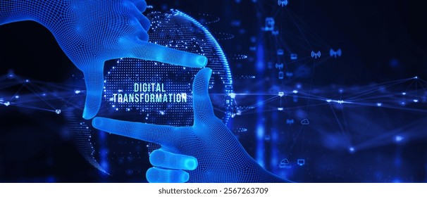 Concept of digitization of business processes and modern technology. Digital transformation. 3d illustration
