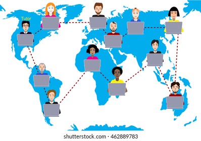Concept of distance education and e-learning. Tutor instructs students from different countries. Earth map background. American variant of teacher. Raster illustration