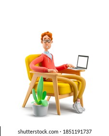 Das Konzept der Fernarbeit, des Studiums und der Kommunikation unter komfortablen Bedingungen zu Hause. Nerd Larry sitzt in einem Sessel mit Laptop. 3D-Abbildung.