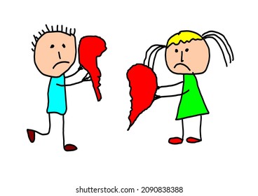 Concept Of Divorce, Misunderstanding In Family, Drawn By A Child. Broken Heart  Symbolizing The End Of Love.