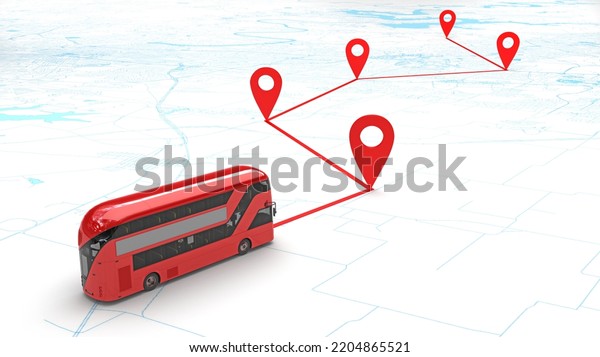 concept double-decker English red bus route on\
the map. 3d\
rendering