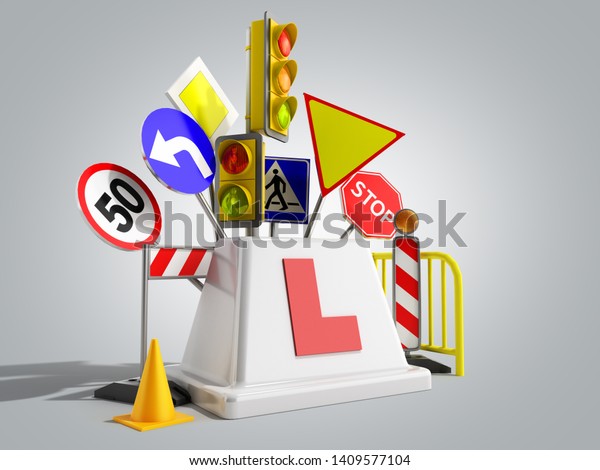 concept of driver school logo road signs traffic
lights fencing 3d render on
grey