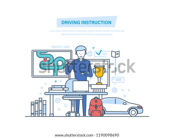 Concept of driving instruction by car. Driving\
school or learning to drive, education. Teacher instuctor in\
classroom. Teacher explains the rules of road on the board.\
Illustration thin line\
design.