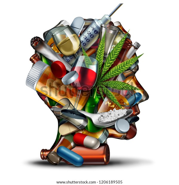 麻薬中毒と物質依存性のコンセプトは コカイン中毒の大麻アルコールと3dイラストエレメントを持つ処方薬の麻薬 シンボルまたは中毒性の健康問題として考えられる のイラスト素材