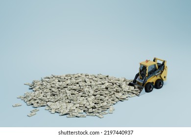 The Concept Of Earning On Heavy Machinery. Excavator And Many Packs Of Dollars On A Blue Background. 3d Render.