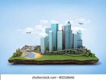 Concept Of Eco City. Modern City With Skyscrapers, Highway And Cars Surrounded By Nature Landscape On The Patch Of Land. 3d Illustration