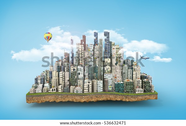 Concept of eco city.\
Modern city with skyscrapers on the patch of land on blue\
background. 3d\
illustration