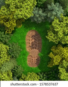  concept of ecology. Imprint of a human footprint in nature. 3d illustration