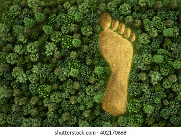 Concept of ecology. Imprint of human footprint in nature. It was here come human foot. 3d illustration