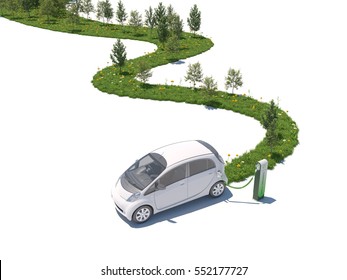 Concept For Electric Car Creating Nature On Its Path White Background 3d Rendering