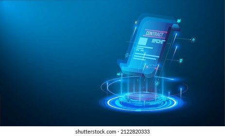 The Concept Of An Electronic Contract Or Digital Signature. A Hologram Of An Electric Smart Certificate, Blockchain Or Contract. Template For The Layout Of A Website Or Web Page.  Illustration