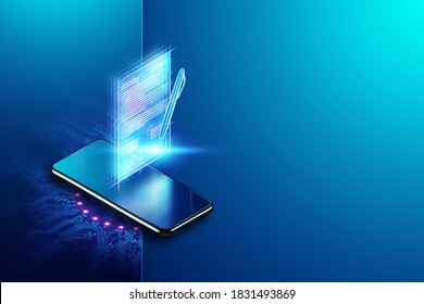 Concept Of Electronic Signature, Business At A Distance, Mobile Phone And An Image Of A Contract For Signature. Remote Collaboration, Copy Space. Mixed Media. 3D Illustration, 3D Render