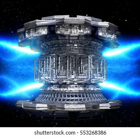 Concept Energy Futuristic. Conceptual High Tech Power Plant Thermonuclear Or Nuclear Reactor, Including Elements Of Fusion Space Stations, Geothermal Electricity Production, Microwave Components