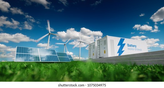 Concept Of Energy Storage System. Renewable Energy - Photovoltaics, Wind Turbines And Li-ion Battery Container In Fresh Nature. 3d Rendering.