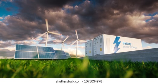 Concept Of Energy Storage System. Renewable Energy - Photovoltaics, Wind Turbines And Li-ion Battery Container In Fresh Nature. 3d Rendering.