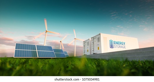 Concepto de sistema de almacenamiento de energía. Energía renovable - fotovoltaicos, turbinas eólicas y recipientes de baterías de iones de litio en la naturaleza fresca matutina. Representación 3d.