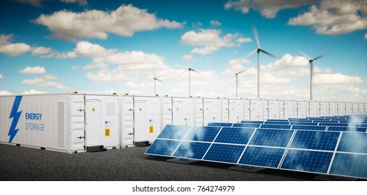 Concept of energy storage system. Renewable energy power plants - photovoltaics, wind turbine farm and  battery container. 3d rendering.