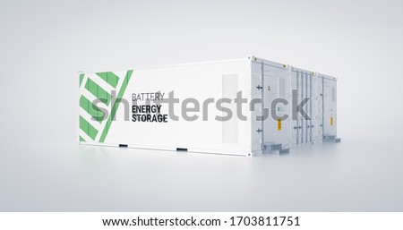 Concept of energy storage unit - multiple conected containers with batteries. 3d rendnering.